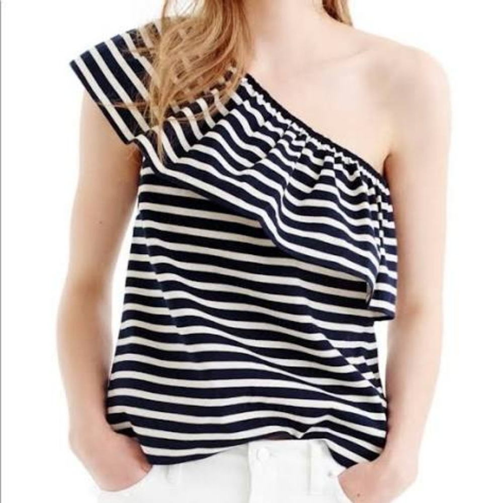 J. Crew One-Shoulder Top Navy & White Stripes XL